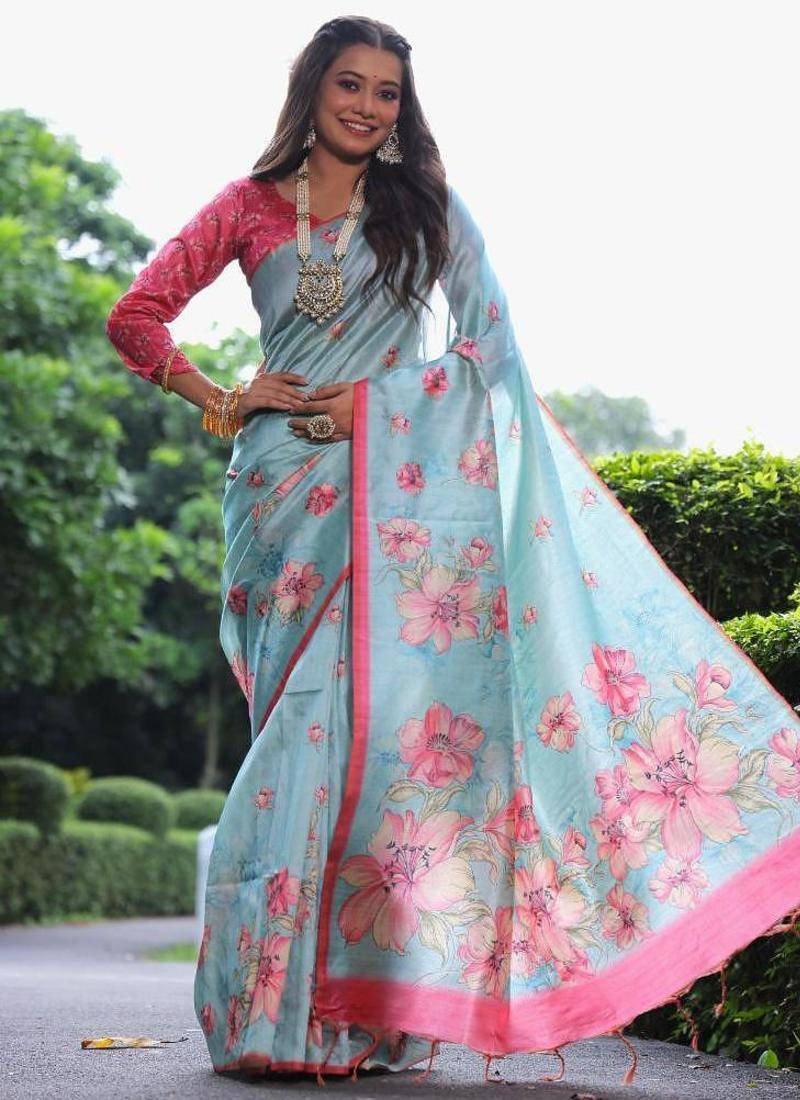 Multicolor tussar silk flower print sarees