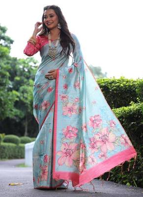 Multicolor tussar silk blend flower print sarees 2
