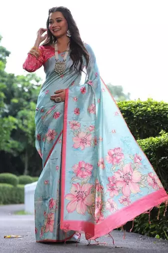 Multicolor tussar silk blend flower print sarees
