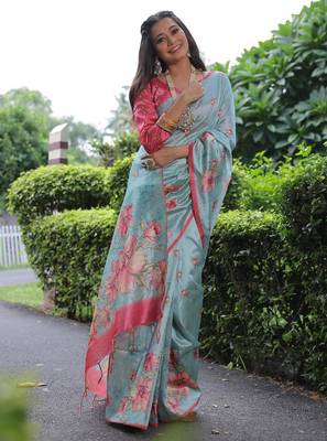 Multicolor tussar silk blend flower print sarees 4