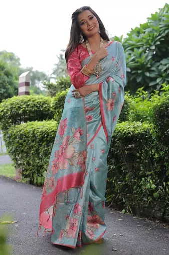 Multicolor tussar silk blend flower print sarees