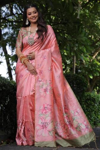 Multicolor tussar silk flower print sarees
