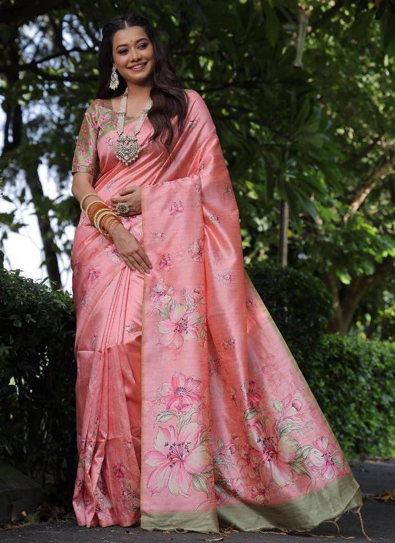 Multicolor tussar silk flower print sarees