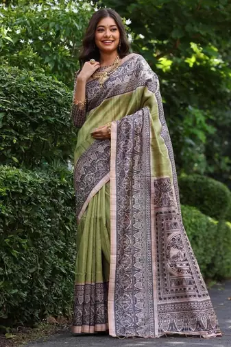 Mehendi green color tussar silk madhubani print saree