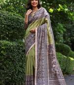 Mehendi green color tussar silk blend madhubani print saree