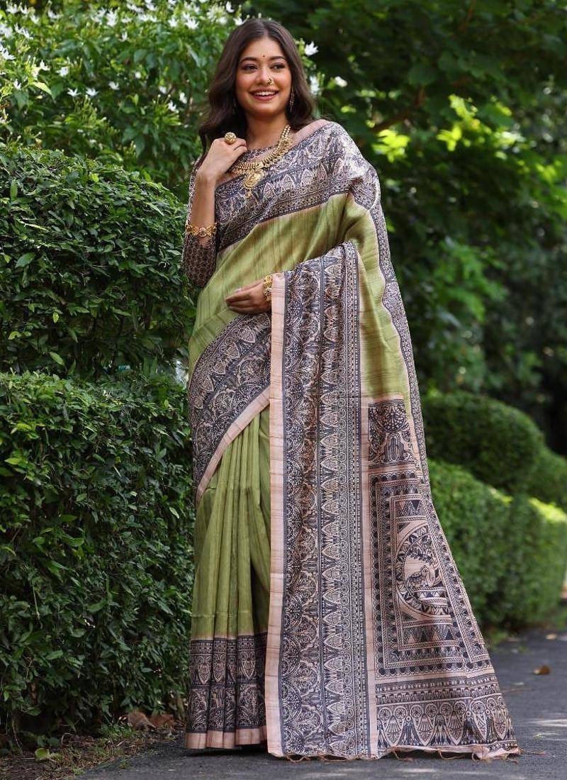 Mehendi green color tussar silk madhubani print saree
