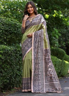 Mehendi green tussar silk blend madhubani print saree 3