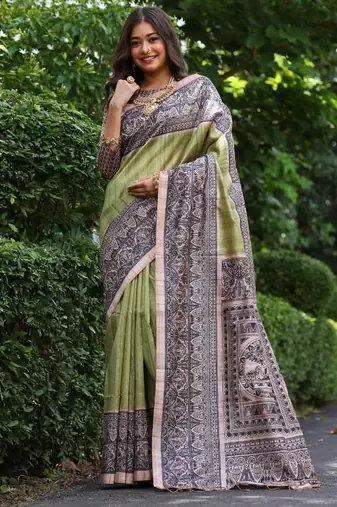 Mehendi green color tussar silk blend madhubani print saree