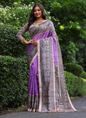 Levender color tussar silk blend madhubani print saree 1