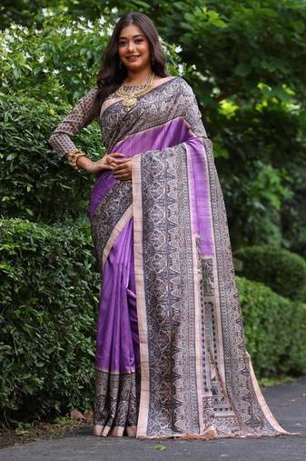 Levender color tussar silk madhubani print saree