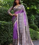 Levender color tussar silk blend madhubani print saree
