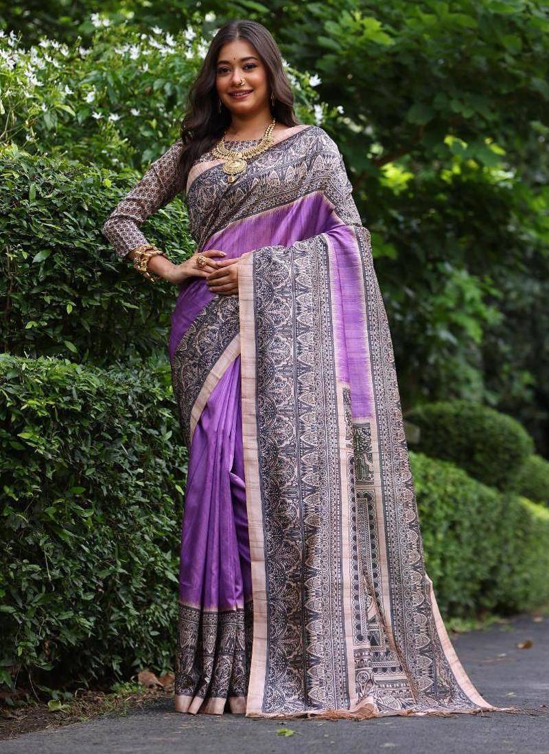 Levender color tussar silk madhubani print saree