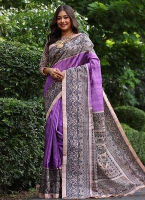 Levender color tussar silk blend madhubani print saree 2