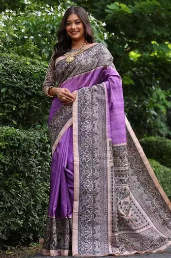 Levender color tussar silk blend madhubani print saree
