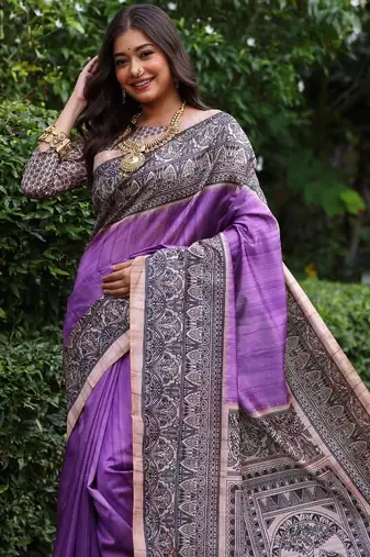 Levender color tussar silk blend madhubani print saree