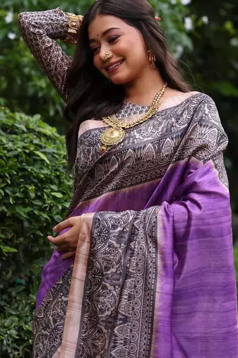 Levender color tussar silk blend madhubani print saree