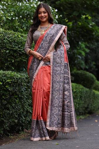Dark red color tussar silk madhubani print saree
