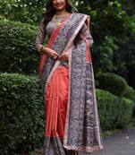 Dark red color tussar silk blend madhubani print saree