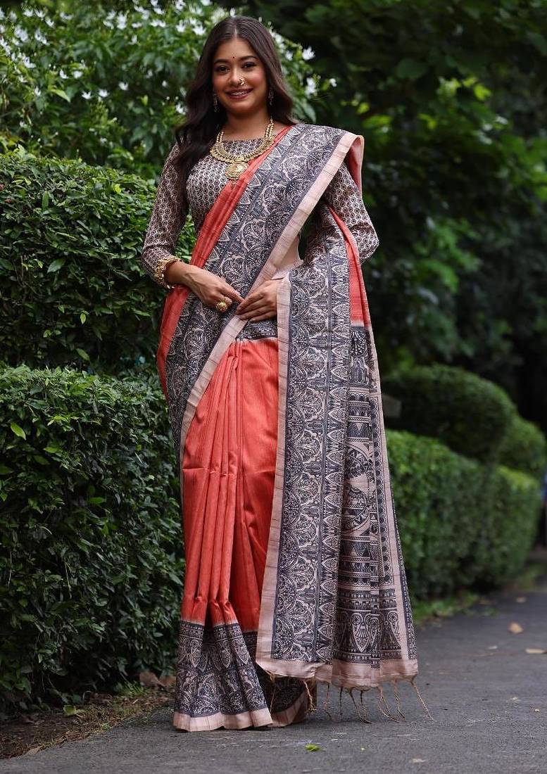 Dark red color tussar silk madhubani print saree