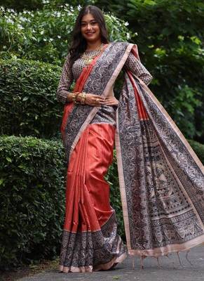Dark red color tussar silk blend madhubani print saree 2