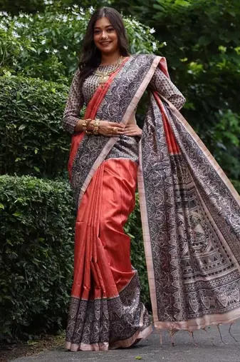 Dark red color tussar silk blend madhubani print saree