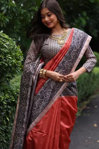 Dark red color tussar silk blend madhubani print saree