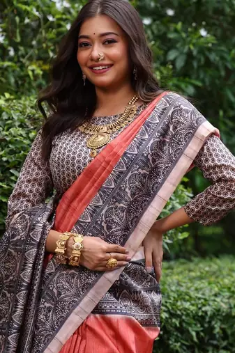 Dark red color tussar silk blend madhubani print saree