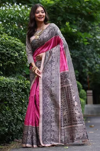 Pink color tussar silk madhubani print saree