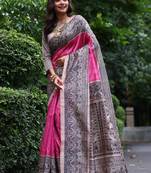 Pink color tussar silk blend madhubani print saree