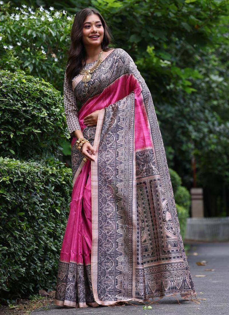 Pink color tussar silk madhubani print saree