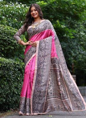 Pink color tussar silk blend madhubani print saree 2