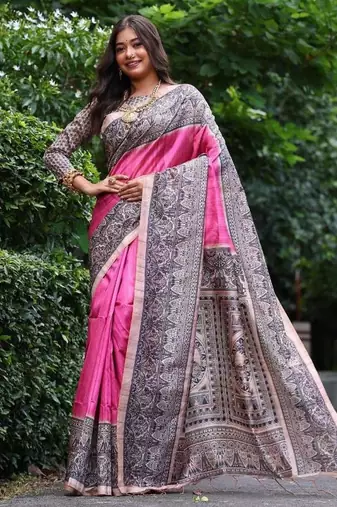 Pink color tussar silk blend madhubani print saree