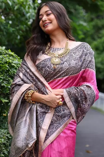 Pink color tussar silk blend madhubani print saree