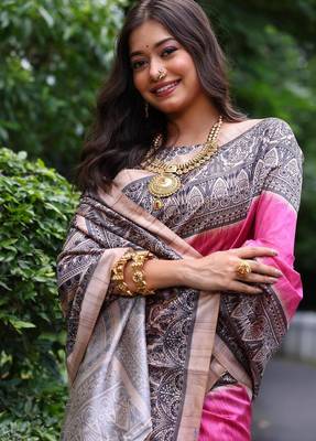 Pink color tussar silk blend madhubani print saree 4