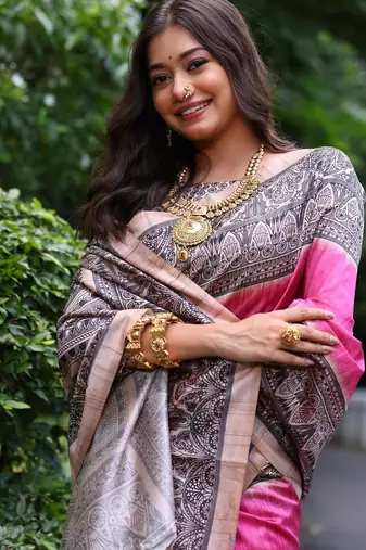 Pink color tussar silk blend madhubani print saree