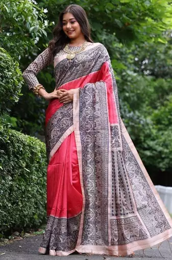 Light red color tussar silk madhubani print saree