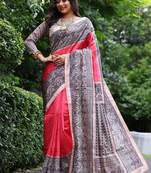 Light red color tussar silk blend madhubani print saree