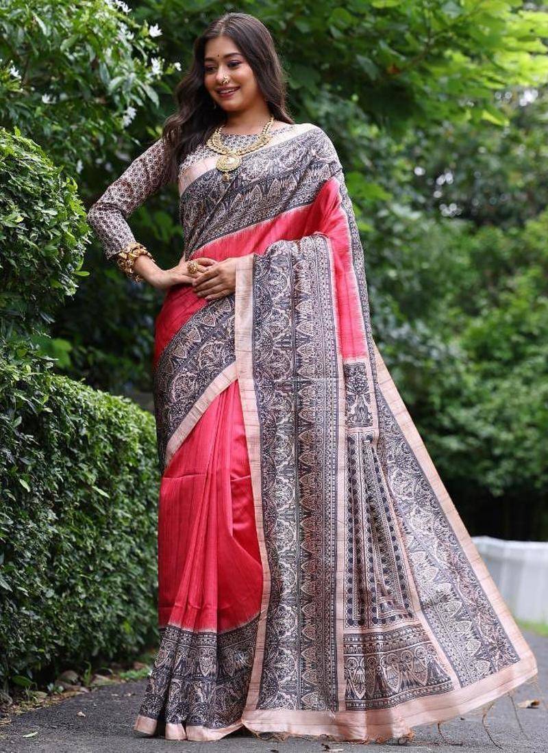 Light red color tussar silk madhubani print saree