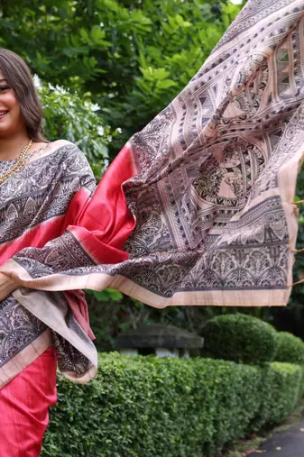 Light red color tussar silk blend madhubani print saree