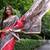 Light red color tussar silk madhubani print saree