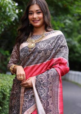 Light red color tussar silk blend madhubani print saree 3