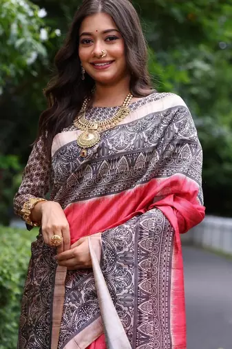 Light red color tussar silk blend madhubani print saree