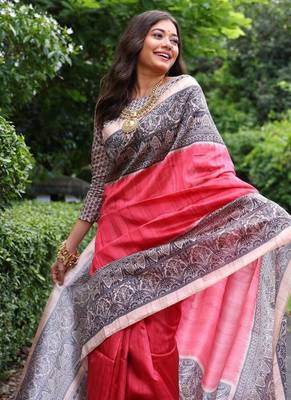Light red color tussar silk blend madhubani print saree 4