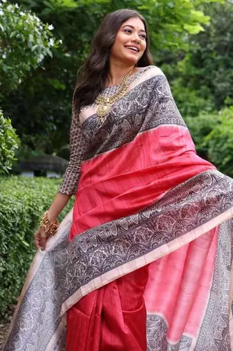 Light red color tussar silk blend madhubani print saree