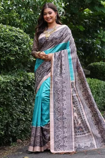Sky blue color tussar silk madhubani print saree