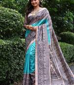 Sky blue color tussar silk blend madhubani print saree