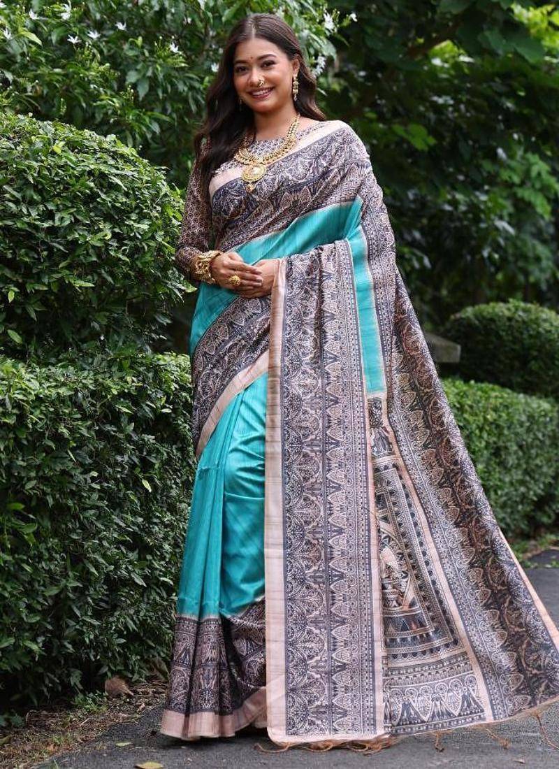 Sky blue color tussar silk madhubani print saree