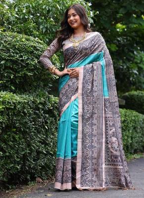 Sky blue color tussar silk blend madhubani print saree 2
