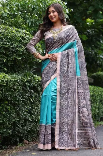 Sky blue color tussar silk blend madhubani print saree