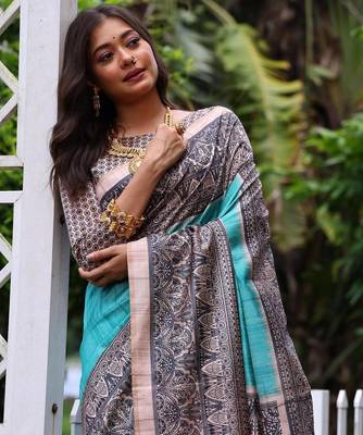 Sky blue color tussar silk blend madhubani print saree 3